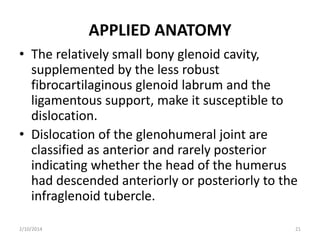 APPLIED ANATOMY
• The relatively small bony glenoid cavity,
supplemented by the less robust
fibrocartilaginous glenoid labrum and the
ligamentous support, make it susceptible to
dislocation.
• Dislocation of the glenohumeral joint are
classified as anterior and rarely posterior
indicating whether the head of the humerus
had descended anteriorly or posteriorly to the
infraglenoid tubercle.
2/10/2014

21

 