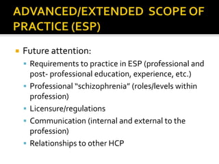 

Future attention:
 Requirements to practice in ESP (professional and





post- professional education, experience, etc.)
Professional “schizophrenia” (roles/levels within
profession)
Licensure/regulations
Communication (internal and external to the
profession)
Relationships to other HCP

 