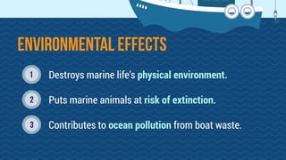 Destroys marine life’s physical environment.
Puts marine animals at risk of extinction.
Contributes to ocean pollution from boat waste.
1
2
3
environmentAL EFFECTS
 