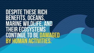 Despite these rich
benefits, oceans,
marine wildlife, and
their ecosystems
continue to be damaged
by human activities.
 