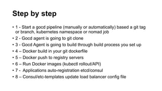 Step by step
• 1 - Start a gocd pipeline (manually or automatically) based a git tag
or branch, kubernetes namespace or nomad job
• 2 - Gocd agent is going to git clone
• 3 - Gocd Agent is going to build through build process you set up
• 4 – Docker build in your git dockerfile
• 5 – Docker push to registry servers
• 6 – Run Docker images (kubectl rollout/API)
• 7 - Applications auto-registration etcd/consul
• 8 – Consul/etc-templates update load balancer config file
 