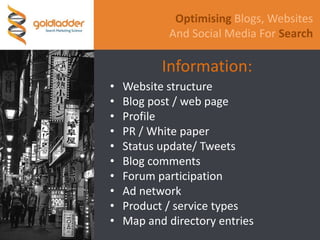 Clients include Financial times, Lloyd’s of London, Axa and Elsevier.OptimisingBlogs, Websites And Social Media ForSearchThen:First ‘’true’’ search engines: Google, Inktomi, Alta Vista and Yahoo.