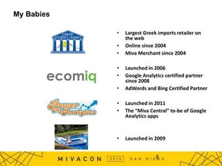 My Babies
5
• Largest Greek imports retailer on
the web
• Online since 2004
• Miva Merchant since 2004
• Launched in 2006
• Google Analytics certified partner
since 2008
• AdWords and Bing Certified Partner
• Launched in 2011
• The “Miva Central” to-be of Google
Analytics apps
• Launched in 2009
 