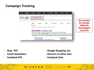 Campaign Tracking
- Bing PPC - Google Shopping, etc.
- Email newsletters - Banners on other sites
- Facebook PPC - Facebook links
61
Not needed
for Google
AdWords
“Autotagged”
accounts
 