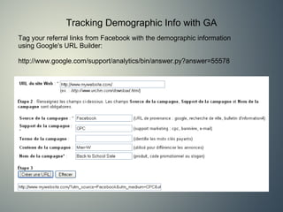 Tracking Demographic Info with GA Tag your referral links from Facebook with the demographic information using Google's URL Builder:    http://www.google.com/support/analytics/bin/answer.py?answer=55578 