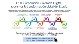 Abordar un proceso de Arquitectura empresarial en organizaciones públicas o privadas, requiere la creación
de capacidades de gestión para entender el ecosistema y adaptarse a él, mediante el uso de tecnología.
En la Corporación Colombia Digital,
Apoyamos la gestión de organizaciones públicas y privadas
mediante el uso estratégico de la tecnología
Conozca nuestras experiencias en
cada una de estas áreas de trabajo
apoyamos la transformación digital del Estado
 