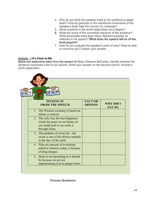 14
4. Why do you think the speaker insist to his audience to adapt
Islam? How do gestures or the intentional movements of the
speaker‘s body help him convey his message?
5. What countries in the world adapt Islam as a religion?
6. What are some of the nonverbal reactions of the audience?
What personality traits does Abdur Raheem possess as
reflected in his speech? What does his speech tell us of the
Arab psyche?
7. How do you evaluate the speaker‘s point of view? Was he able
to convince you? Explain your answer.
Activity 3 It’s Clear to Me
Below are statements taken from the speech of Abdur Raheem McCarthy. Identify whether the
sentence expresses a fact or an opinion. Write your answer on the second column. Include a
short explanation.
Process Questions:
PICKING IT
FROM THE SPEECH
FACT OR
OPINION WHY DID I
SAY SO
1. The Western economy is based on
rebate or interest.
2. The only way for true happiness
inside the peace in our hearts, in
our minds and in our souls is
through Islam.
3. The problem of swine flu – the
swine is one of the dirtiest animals
in the face of the earth.
4. Fifty-six percent of everybody
jailed in America today is because
of drug charges.
5. Islam is not spreading as it should
be because we are not
implementing it in its proper form.
 