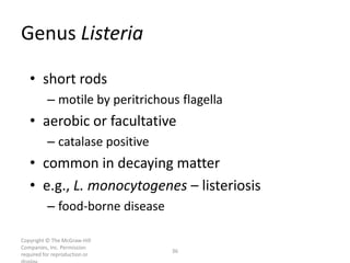 Copyright © The McGraw-Hill
Companies, Inc. Permission
required for reproduction or
36
Genus Listeria
• short rods
– motile by peritrichous flagella
• aerobic or facultative
– catalase positive
• common in decaying matter
• e.g., L. monocytogenes – listeriosis
– food-borne disease
 