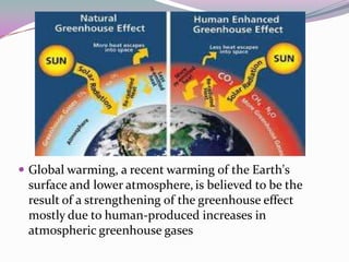 Global warming, a recent warming of the Earth's surface and lower atmosphere,is believed to be the result of a strengthening of the greenhouse effect mostly due to human-produced increases in atmospheric greenhouse gases