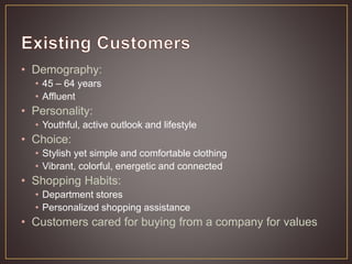 • Demography:
• 45 – 64 years
• Affluent
• Personality:
• Youthful, active outlook and lifestyle
• Choice:
• Stylish yet simple and comfortable clothing
• Vibrant, colorful, energetic and connected
• Shopping Habits:
• Department stores
• Personalized shopping assistance
• Customers cared for buying from a company for values
 