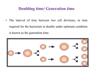 Doubling time/ Generation time
• The interval of time between two cell divisions, or time
required for the bacterium to double under optimum condition
is known as the generation time.
 