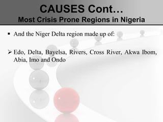 CAUSES Cont…
Most Crisis Prone Regions in Nigeria
 And the Niger Delta region made up of:
 Edo, Delta, Bayelsa, Rivers, Cross River, Akwa Ibom,
Abia, Imo and Ondo
 