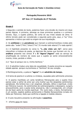 Guia de Correcção do Teste 1 (Camões Lírico)



                              Português/Fevereiro 2010

                       10º Ano /1ª Avaliação do 2º Período



Grupo I

1-Segundo o sentido do texto, podemos fazer uma divisão do mesmo em duas
partes lógicas. A primeira, abrange as duas primeiras quadras e o primeiro
terceto. Aqui, o sujeito poético, dá conta do seu triste estado de alma. O
último terceto pode ser considerado a segunda parte pois, aqui, o “eu” lírico
apresenta o motivo que está na origem da sua inquietação.

2- As antíteses e os paradoxos que marcam a euforia/incerteza vividas pelo
poeta são: “ardor”/“frio”;”choro”/“rio”;“O mundo todo abarco”/”e nada aperto”.

2.1 A hipérbole presente no verso 6, “(…)da vista um rio”, serve para
intensificar a tristeza do poeta, as lágrimas tão tantas que formam um rio. A
anáfora presente nos versos 7 e 8 ”Agora”/Agora” está ao serviço da
amplificação do número de vezes que o sujeito se sente emocionalmente
incerto, triste, perdido e infeliz.

2.2- “Que só porque vos vi, minha Senhora.”

2.3- O advérbio traduz uma ideia de causalidade. O poeta encontra-se naquele
estado apenas porque viu/conheceu a “Senhora” do seu coração.

3-Morfologicamente, a palavra “agora” é um advérbio de tempo.

4-O tema do poema é a euforia e a tristeza, causadas pelo sofrimento amoroso.

5- O poema manifesta um certa tendência Petrarquista pois o sujeito lírico
parece estar a sofrer de amor por uma mulher que lhe despoleta sentimentos
paradoxais. Ela lembra-nos o ser angelical, delicado, idílico e espiritual, vivido
por Petrarca (Laura). Os sentimentos de euforia/angústia e desespero, surgem,
provavelmente, pois o poeta tenta alcançá-la, não o conseguindo, em virtude
de ela fazer parte do mundo espiritual. Por outro lado, o texto, formalmente,
é um soneto, espécie poética pertencente à Medida Renascentista (criada em
Itália por Petrarca), facto que confirma a ligação à medida clássica.

6- O acto ilocutório presente na afirmação é assertivo.

7- ●Tenho pena do rapaz.


Guia de Correcção do Teste/Fevereiro/ Camões Lírico/Vanda Sousa           Página 1
 