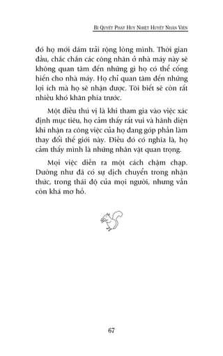 àoá hoå múái daám traãi röång loâng mònh. Thúâi gian
àêìu, chùæc chùæn caác cöng nhên úã nhaâ maáy naây seä
khöng quan têm àïën nhûäng gò hoå coá thïí cöëng
hiïën cho nhaâ maáy. Hoå chó quan têm àïën nhûäng
lúåi ñch maâ hoå seä nhêån àûúåc. Töi biïët seä coân rêët
nhiïìu khoá khùn phña trûúác.
Möåt àiïìu thuá võ laâ khi tham gia vaâo viïåc xaác
àõnh muåc tiïu, hoå caãm thêëy rêët vui vaâ haänh diïån
khi nhêån ra cöng viïåc cuãa hoå àang goáp phêìn laâm
thay àöíi thïë giúái naây. Àiïìu àoá coá nghôa laâ, hoå
caãm thêëy mònh laâ nhûäng nhên vêåt quan troång.
Moåi viïåc diïîn ra möåt caách chêåm chaåp.
Dûúâng nhû àaä coá sûå dõch chuyïín trong nhêån
thûác, trong thaái àöå cuãa moåi ngûúâi, nhûng vêîn
coân khaá mú höì.
67
BÑ QUYÏËT PHAÁT HUY NHIÏÅT HUYÏËT NHÊN VIÏN
 