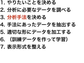 1. やりたいことを決める
2. 分析に必要なデータを調べる
3. 分析手法を決める
4. 手法にあったデータを抽出する
5. 適切な形にデータを加工する
6. （訓練データを作って学習）
7. 表示形式を整える
 