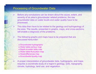 Processing of Groundwater Data

   Before any conclusions can be drawn about the cause, extent, and
   severity of an area’s groundwater related problems, the raw
   groundwater data on water levels and water quality have to be
   processed.
   This data then have to be related to the geology and hydrogeology of
   the area. The results, presented in graphs, maps, and cross-sections,
   will enable a diagnosis of the problems.

   The following graphs and maps have to be prepared that are
   discussed hereunder:

    o Groundwater hydrographs
    o Water table-contour map
    o Depth-to-water table map
    o Water table-fluctuation map
    o Head-differences map
    o Groundwater-quality map

   A proper interpretation of groundwater data, hydrographs, and maps
   requires a coordinate study of a region’s geology, soils, topography,
   climate, hydrology, land use, and vegetation.
 