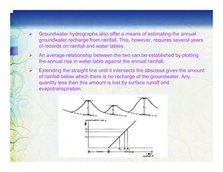 Groundwater hydrographs also offer a means of estimating the annual
groundwater recharge from rainfall. This, however, requires several years
of records on rainfall and water tables.
An average relationship between the two can be established by plotting
the annual rise in water table against the annual rainfall.
Extending the straight line until it intersects the abscissa gives the amount
of rainfall below which there is no recharge of the groundwater. Any
quantity less then this amount is lost by surface runoff and
evapotranspiration.
 