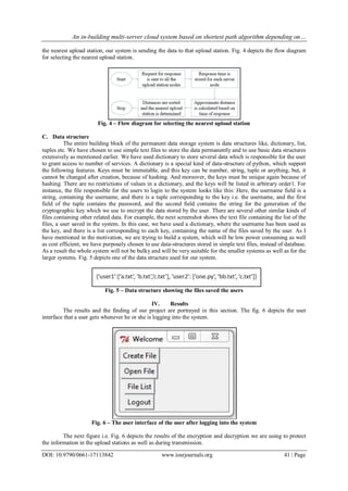 An in-building multi-server cloud system based on shortest path algorithm depending on…
DOI: 10.9790/0661-17113842 www.iosrjournals.org 41 | Page
the nearest upload station, our system is sending the data to that upload station. Fig. 4 depicts the flow diagram
for selecting the nearest upload station.
Fig. 4 – Flow diagram for selecting the nearest upload station
C. Data structure
The entire building block of the permanent data storage system is data structures like, dictionary, list,
tuples etc. We have chosen to use simple text files to store the data permanently and to use basic data structures
extensively as mentioned earlier. We have used dictionary to store several data which is responsible for the user
to grant access to number of services. A dictionary is a special kind of data-structure of python, which support
the following features. Keys must be immutable, and this key can be number, string, tuple or anything, but, it
cannot be changed after creation, because of hashing. And moreover, the keys must be unique again because of
hashing. There are no restrictions of values in a dictionary, and the keys will be listed in arbitrary order1. For
instance, the file responsible for the users to login to the system looks like this: Here, the username field is a
string, containing the username, and there is a tuple corresponding to the key i.e. the username, and the first
field of the tuple contains the password, and the second field contains the string for the generation of the
cryptographic key which we use to encrypt the data stored by the user. There are several other similar kinds of
files containing other related data. For example, the next screenshot shows the text file containing the list of the
files, a user saved in the system. In this case, we have used a dictionary, where the username has been used as
the key, and there is a list corresponding to each key, containing the name of the files saved by the user. As I
have mentioned in the motivation, we are trying to build a system, which will be low power consuming as well
as cost efficient, we have purposely chosen to use data-structures stored in simple text files, instead of database.
As a result the whole system will not be bulky and will be very suitable for the smaller systems as well as for the
larger systems. Fig. 5 depicts one of the data structure used for our system.
Fig. 5 – Data structure showing the files saved the users
IV. Results
The results and the finding of our project are portrayed in this section. The fig. 6 depicts the user
interface that a user gets whenever he or she is logging into the system.
Fig. 6 – The user interface of the user after logging into the system
The next figure i.e. Fig. 6 depicts the results of the encryption and decryption we are using to protect
the information in the upload stations as well as during transmission.
 