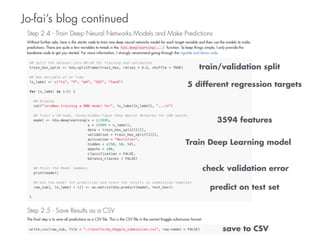 Jo-fai’s blog continued 
train/validation split 
5 different regression targets 
3594 features 
Train Deep Learning model 
check validation error 
predict on test set 
save to CSV 
 