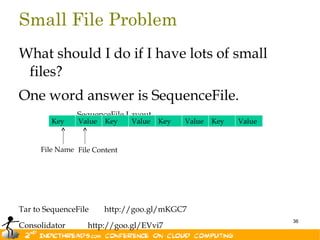 Small File Problem
What should I do if I have lots of small
 files?
One word answer is SequenceFile.
               SequenceFile Layout
        Key     Value   Key   Value   Key   Value   Key   Value


     File Name File Content




Tar to SequenceFile     http://goo.gl/mKGC7
                                                                  36
Consolidator      http://goo.gl/EVvi7
 