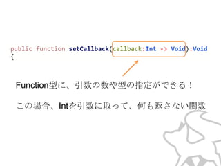 Function型に、引数の数や型の指定ができる！
この場合、Intを引数に取って、何も返さない関数

 