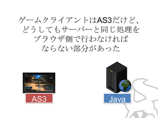 ゲームクライアントはAS3だけど、
どうしてもサーバーと同じ処理を
ブラウザ側で行わなければ
ならない部分があった

AS3

Java

 