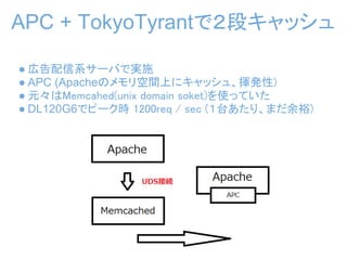 APC + TokyoTyrantで２段キャッシュ

● 広告配信系サーバで実施
● APC (Apacheのメモリ空間上にキャッシュ、揮発性)
● 元々はMemcahed(unix domain soket)を使っていた
● DL120G6でピーク時 1200req / sec (１台あたり、まだ余裕)
 