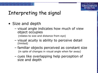 Interpreting the signal Size and depth visual angle indicates how much of view object occupies (relates to size and distance from eye) visual acuity is ability to perceive detail  (limited) familiar objects perceived as constant size  (in spite of changes in visual angle when far away) cues like overlapping help perception of size and depth 