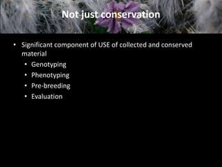 Not just conservation

• Significant component of USE of collected and conserved
  material
   • Genotyping
   • Phenotyping
   • Pre-breeding
   • Evaluation
 