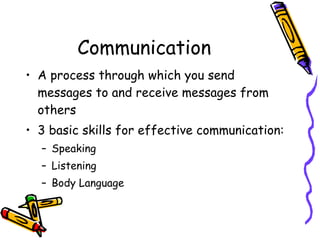 Communication
• A process through which you send
messages to and receive messages from
others
• 3 basic skills for effective communication:
– Speaking
– Listening
– Body Language
 