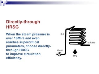 Directly-through
HRSG
When the steam pressure is
over 16MPa and even
reaches supercritical
parameters, choose directly-
through HRSG
to improve circulation
efficiency.
 