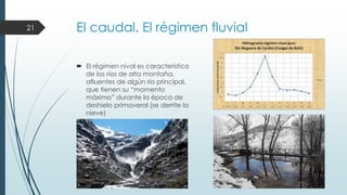 El caudal. El régimen fluvial 
 El régimen nival es característico 
de los ríos de alta montaña, 
afluentes de algún río principal, 
que tienen su “momento 
máximo” durante la época de 
deshielo primaveral (se derrite la 
nieve) 
21 
Prof. Samuel Perrino Martínez. Liceo XXII, José Martí de Varsovia. 
 