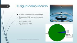 El agua como recurso 
 El agua cubre el 70 % del planeta 
 Se puede dividir a grandes rasgos 
en: 
- Agua dulce (3%) 
- Agua salada (97%) 
4 
Prof. Samuel Perrino Martínez. Liceo XXII, José Martí de Varsovia. 
 