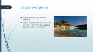 Lagos exógenos 
 Lagos glaciares: ¿Cómo se 
llaman? 
 Lagos cársticos: Por disolución de 
la roca …, son de agua salobre 
(posee muchos minerales) 
61 
Prof. Samuel Perrino Martínez. Liceo XXII, José Martí de Varsovia. 
 