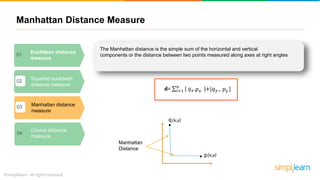 Manhattan Distance Measure
Option 02
Euclidean distance
measure
01
Squared euclidean
distance measure
02
Manhattan distance
measure
03
Cosine distance
measure
04
The Manhattan distance is the simple sum of the horizontal and vertical
components or the distance between two points measured along axes at right angles
d= 𝑖=1
𝑛
| 𝑞 𝑥− |
p
q
Manhattan
Distance
𝑝 𝑥 +|𝑞 𝑦− |𝑝 𝑦
(x,y)
(x,y)
 