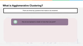 What is Agglomerative Clustering?
It will group places with least distance
There are three key questions that needs to be answered
How do we represent a cluster of more than one point?
 