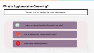 What is Agglomerative Clustering?
It will group places with least distance
There are three key questions that needs to be answered
How do we represent a cluster of more than one point?
How do we determine the nearness of clusters?
When to stop combining clusters?
 