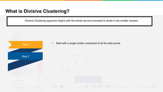 What is Divisive Clustering?
It will group places with least distance
Convergence
Step 1
• Start with a single cluster composed of all the data points
Step 2
Divisive Clustering approach begins with the whole set and proceeds to divide it into smaller clusters
 