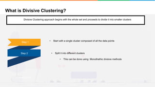 What is Divisive Clustering?
It will group places with least distance
Convergence
Step 2
Step 1
• Start with a single cluster composed of all the data points
• This can be done using Monothethic divisive methods
• Split it into different clusters
Divisive Clustering approach begins with the whole set and proceeds to divide it into smaller clusters
 