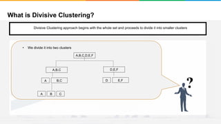 What is Divisive Clustering?
It will group places with least distance
Convergence
Step 1
• Start with a single cluster composed of all the data points
?
A,B,C D,E,F
A B,C D E,F
A B C
A,B,C,D,E,F
Divisive Clustering approach begins with the whole set and proceeds to divide it into smaller clusters
• We divide it into two clusters
 