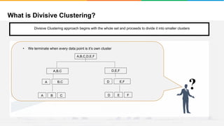 What is Divisive Clustering?
It will group places with least distance
Convergence
Step 1
• Start with a single cluster composed of all the data points
?
• We terminate when every data point is it’s own cluster
A,B,C D,E,F
A B,C D E,F
A B C D E F
A,B,C,D,E,F
Divisive Clustering approach begins with the whole set and proceeds to divide it into smaller clusters
 