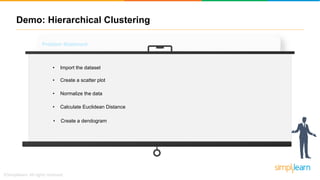 Demo: Hierarchical Clustering
Problem Statement
• To group petroleum companies based on their sales
Steps?
• Create a scatter plot
• Import the dataset
• Normalize the data
• Calculate Euclidean Distance
• Create a dendogram
 