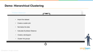 Demo: Hierarchical Clustering
Problem Statement
• To group petroleum companies based on their sales
Steps?
• Create a scatter plot
• Import the dataset
• Normalize the data
• Calculate Euclidean Distance
• Create a dendogram
• Cluster into groups
 