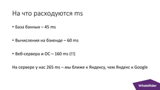 На что расходуются ms
• База банных – 45 ms
• Вычисления на бэкенде – 60 ms
• Веб-сервера и ОС – 160 ms (!!)
На сервере у нас 265 ms – мы ближе к Яндексу, чем Яндекс к Google
 