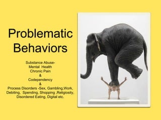 Problematic
Behaviors
Substance Abuse-
Mental Health
Chronic Pain
&
Codependency
&
Process Disorders -Sex, Gambling,Work,
Debiting, Spending, Shopping ,Religiosity,
Disordered Eating, Digital etc.
 