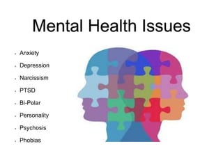 Mental Health Issues
Anxiety
Depression
Narcissism
PTSD
Bi-Polar
Personality
Psychosis
Phobias
 