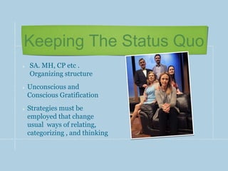 Keeping The Status Quo
SA. MH, CP etc .
Organizing structure
Unconscious and
Conscious Gratification
Strategies must be
employed that change
usual ways of relating,
categorizing , and thinking
 