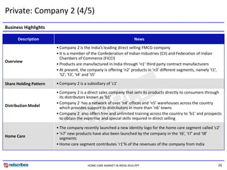 26HOME CARE MARKET IN INDIA 2014.PPT
Description News
Overview
• Company 2 is the India’s leading direct selling FMCG-company
• It is a member of the Confederation of Indian Industries (CII) and Federation of Indian
Chambers of Commerce (FICCI)
• Products are manufactured in India through ‘n1’ third party contract manufacturers
• At present, the company is offering ‘n2’ products in ‘n3’ different segments, namely ‘t1’,
‘t2’, ‘t3’, ‘t4’ and ‘t5’
Share Holding Pattern • Company 2 is a subsidiary of ‘c1’
Distribution Model
• Company 2 is a direct sales company that sells its products directly to consumers through
its distributors known as ‘b1’
• Company 2 has a network of over ‘n4’ offices and ‘n5’ warehouses across the country
which provides support to distributors in more than ‘n6’ towns
• Company 2 also offers free and unlimited training across the country to ‘b1’ and prospects
to obtain the expertise and special skills required in direct selling
Home Care
• The company recently launched a new identity logo for the home care segment called ‘c2’
• ‘n7’ new products have also been launched by the company in the ‘t6’, ‘t7’ and ‘t8’
segments
• Home care segment contributes ‘r1’% of the revenues of the company from India
Business Highlights
Private: Company 2 (4/5)
 