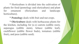 * Horticulture is divided into the cultivation of
plants for food (pomology and olericulture) and plant
for ornament (floriculture and landscape
horticulture).
* Pomology deals with fruit and nut crops.
* Olericulture deals with herbaceous plants for
the kitchen, including for (e.x) carrots (edible root),
asparagus (edible stem), lettuce (edible leaf),
cauliflower (edible flower buds), tomatoes (edible
fruit), and peas (edible seed).
 