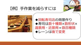 【例】手作業を減らすには
◆単純な繰り返しの作業
◆納期直前での手戻り
◆回転寿司店の背景作り
◆寿司は数十種類×数形状×
遠景用・近景用＝数百種類
◆レーンは後で変更
 